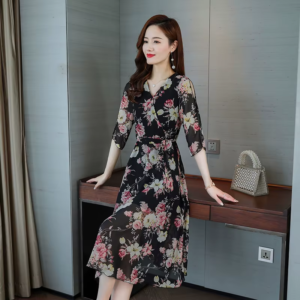 Women'S Silk Dress, Printed, V-Neck, Belted Waist, Elegant, Decorated, New Style for Spring and Summer 2025