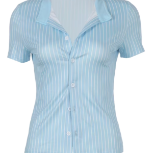 Sweetown Blue Stripe Short Sleeve Shirts for Women Button up Turn down Collar Slim Simple Casual Preppy Tops Basic Summer Tees