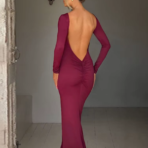 Hugcitar Spring Elegant Long Sleeve Backless Solid Cuched Sexy Bodycon Maxi Prom Dress Women Outfit Evening Party Festival Y2K